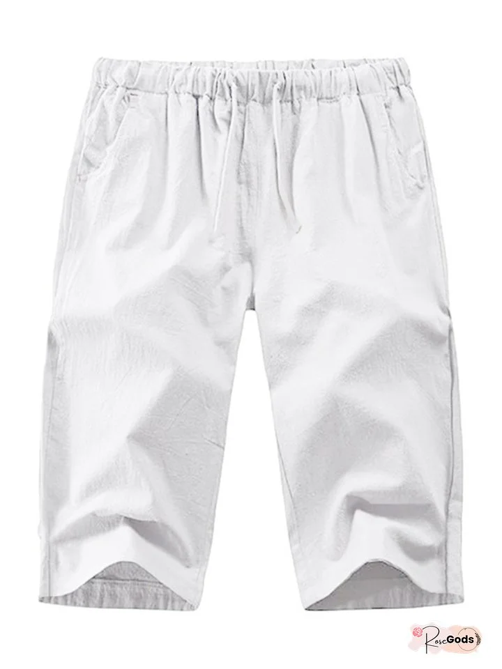 Men's Shorts Linen Shorts Summer Shorts Capri Pants Drawstring Elastic Waist Plain Comfort Outdoor Daily Going Out Linen / Cotton Blend Stylish Casual Black White