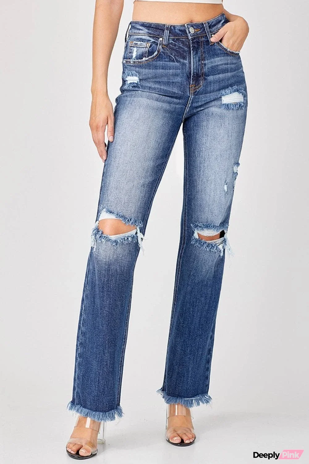 Risen Full Size Raw Hem Distressed Straight Jeans