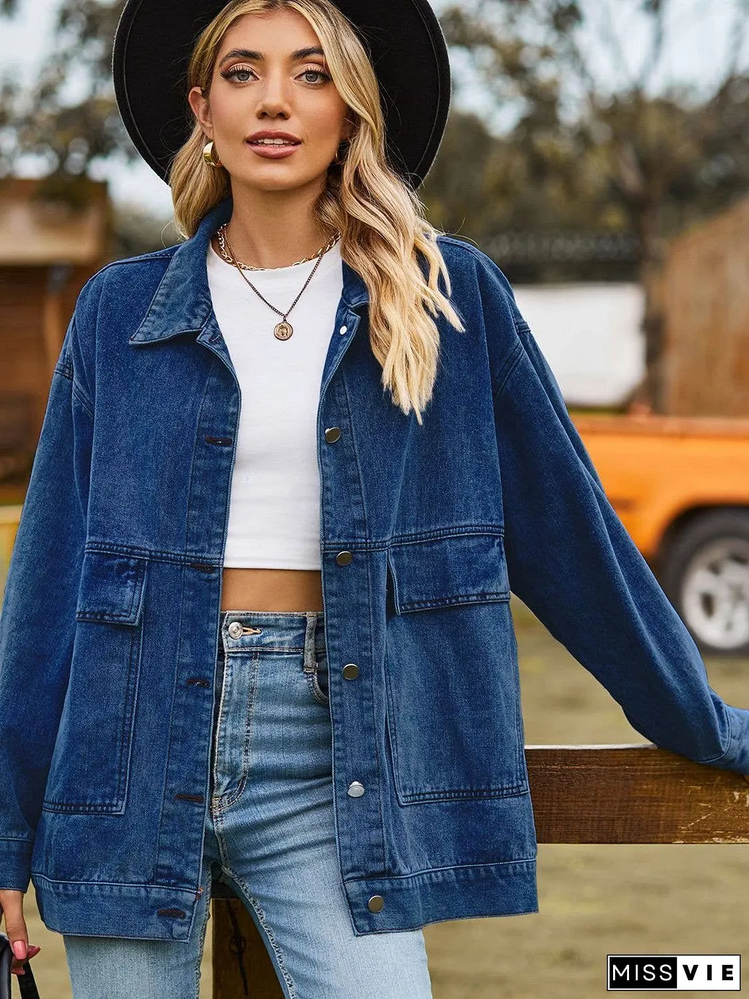 Dropped Shoulder Denim Jacket with Pockets