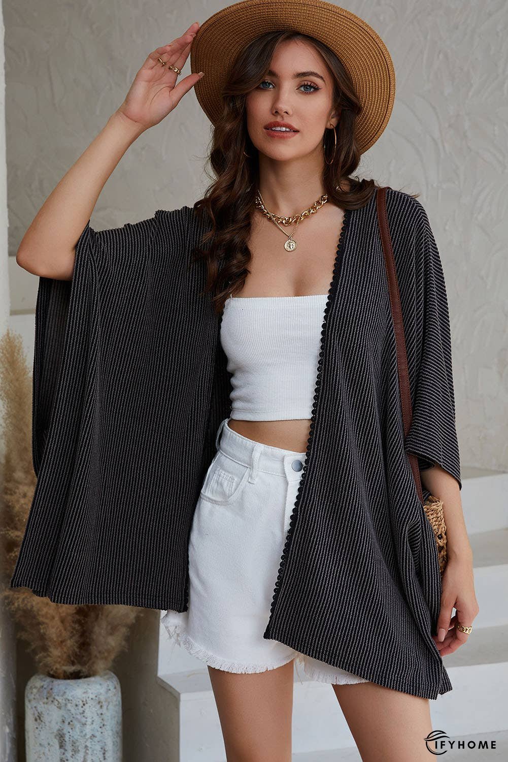 Lace Trim Ribbed Oversize Kimono | IFYHOME