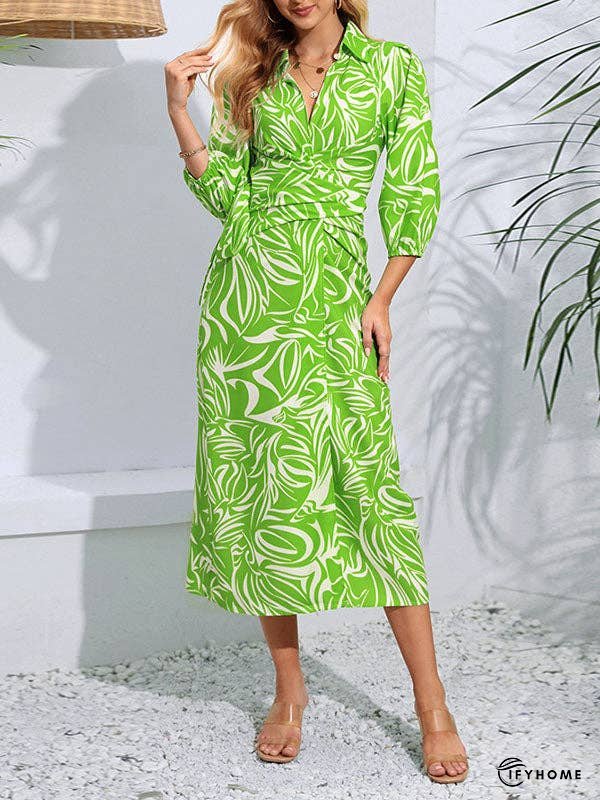 A-Line High Waisted Elasticity Printed Tied Waist Lapel Midi Dresses Shirt Dress | IFYHOME