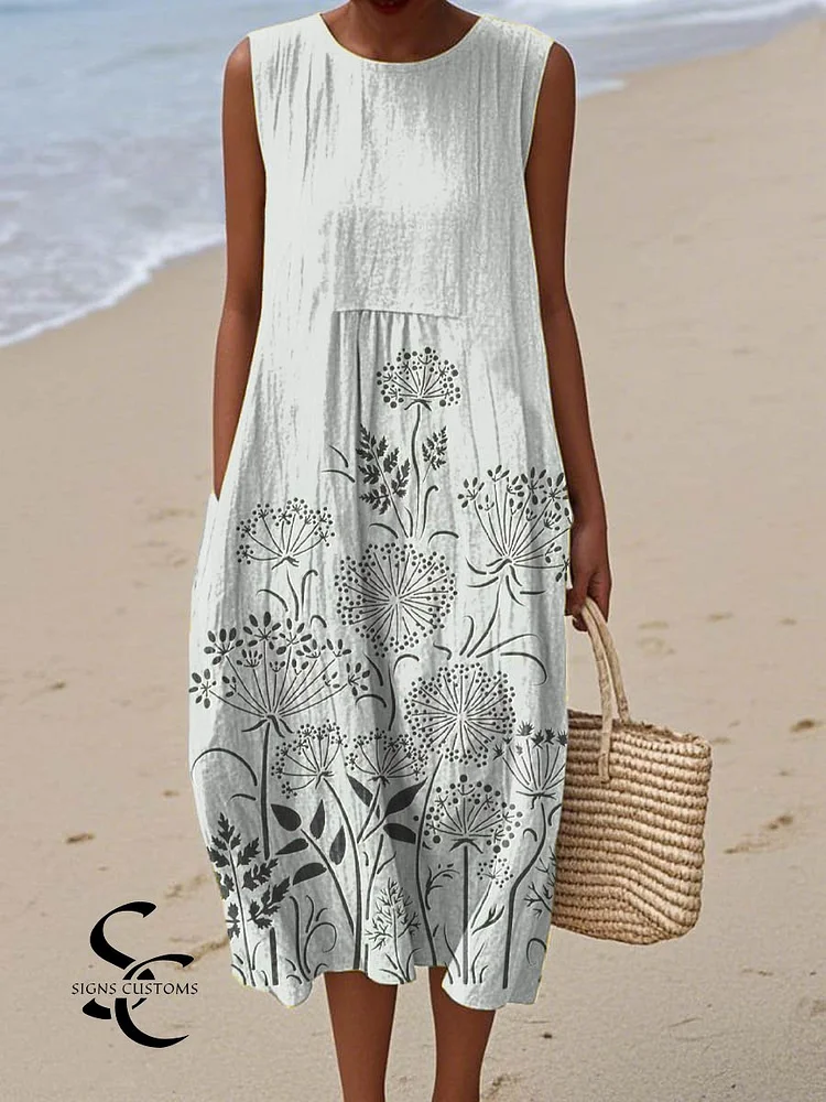 Women's Vintage Lovely Floral Pattern Art Print Sleeveless Cotton Pocket Wrap Dress