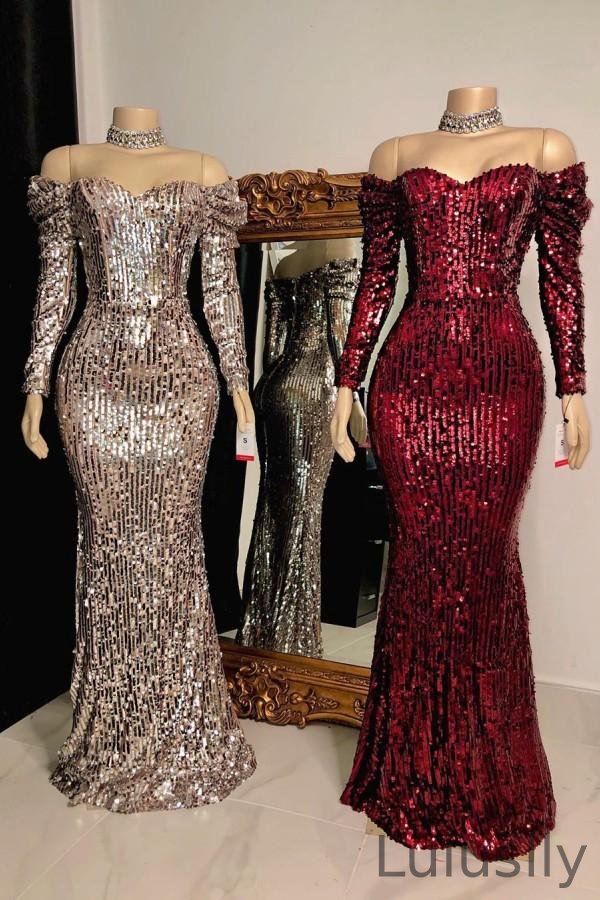 Luluslly Off-the-Shoulder Long Sleeve Sequins Prom Dress Mermaid Long Evening Gowns