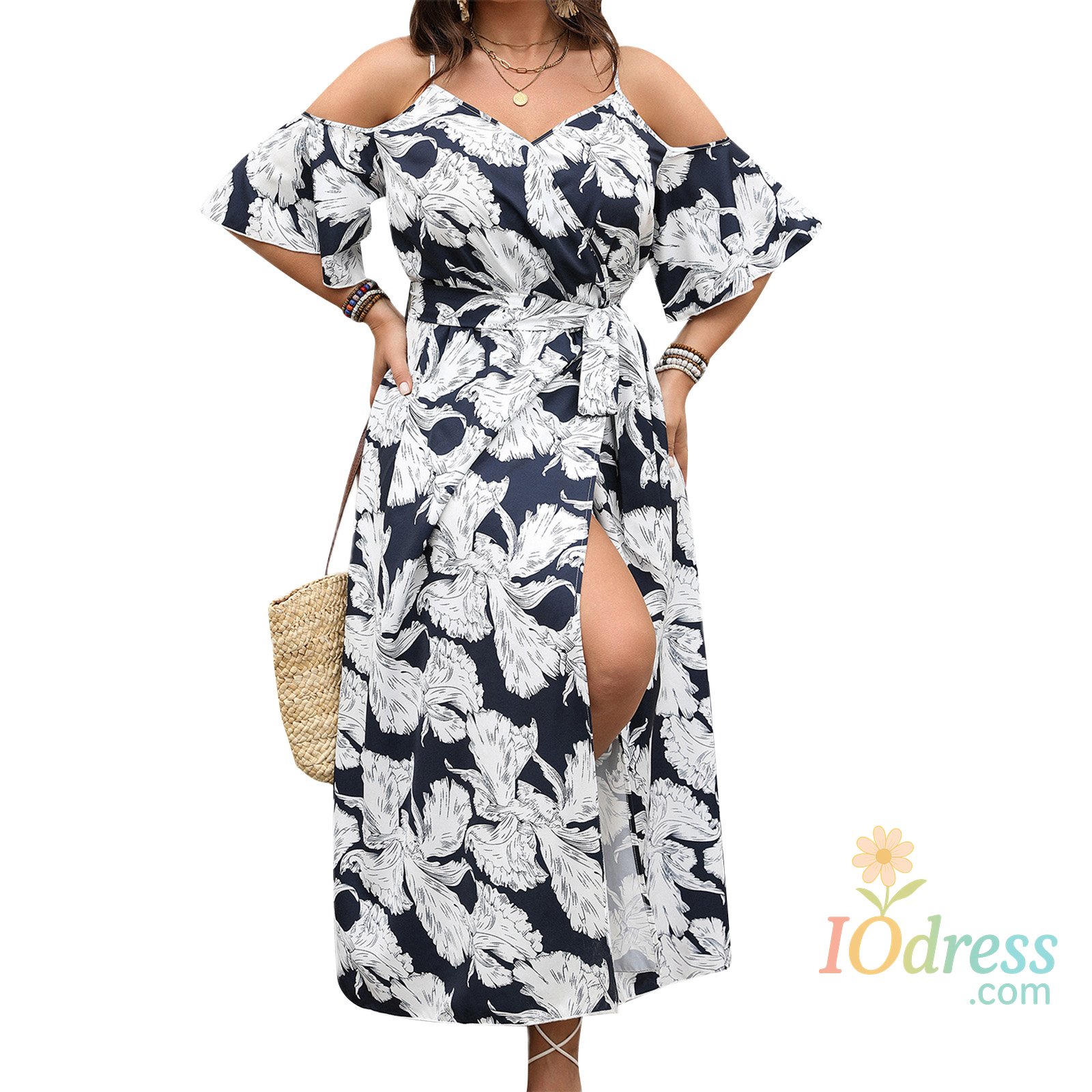 IO Dress Women Plus Size Floral Print Maxi Dress with Ruffle Sleeves and V Neckline Elegant Belted Long Dress with High Side Split IO Dress