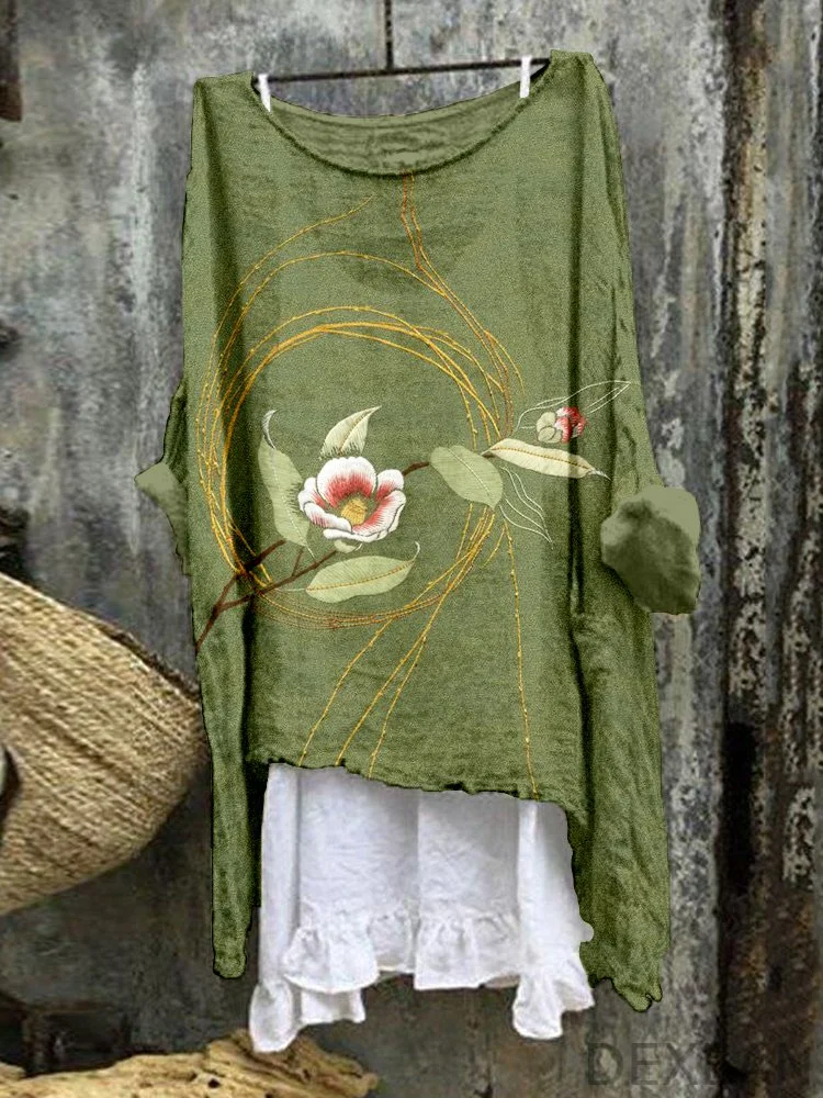 Japanese Floral Embroidered Linen Blend Tunic