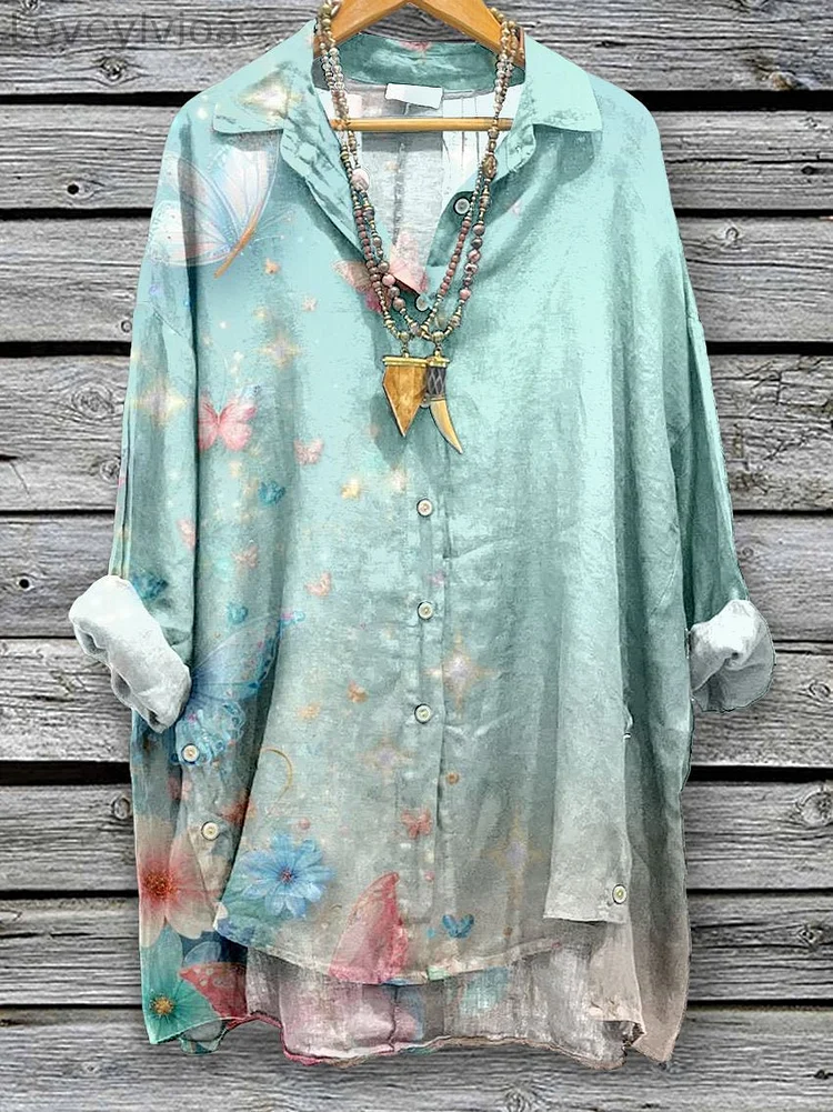 Women's Pretty Butterfly Print Casual Cotton And Linen Shirt