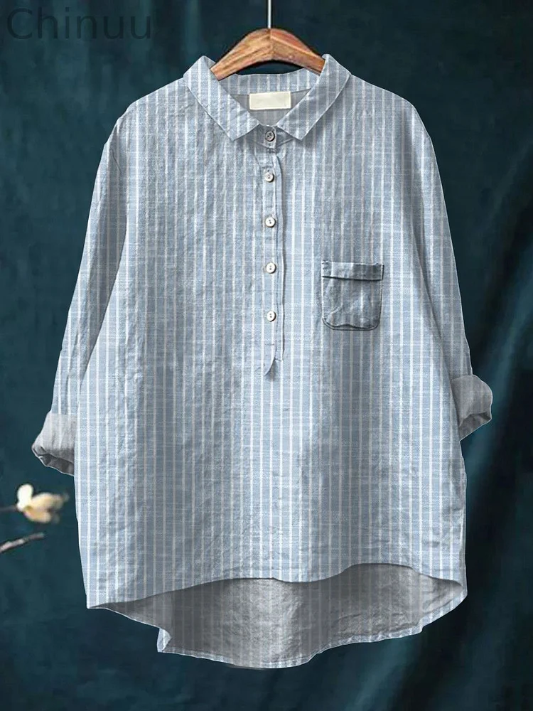 Women's Stripe Art Print Casual Cotton And Linen Shirt