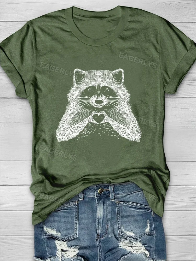 Eagerlys Raccoon Hand heart Printed T-shirt Eagerlys