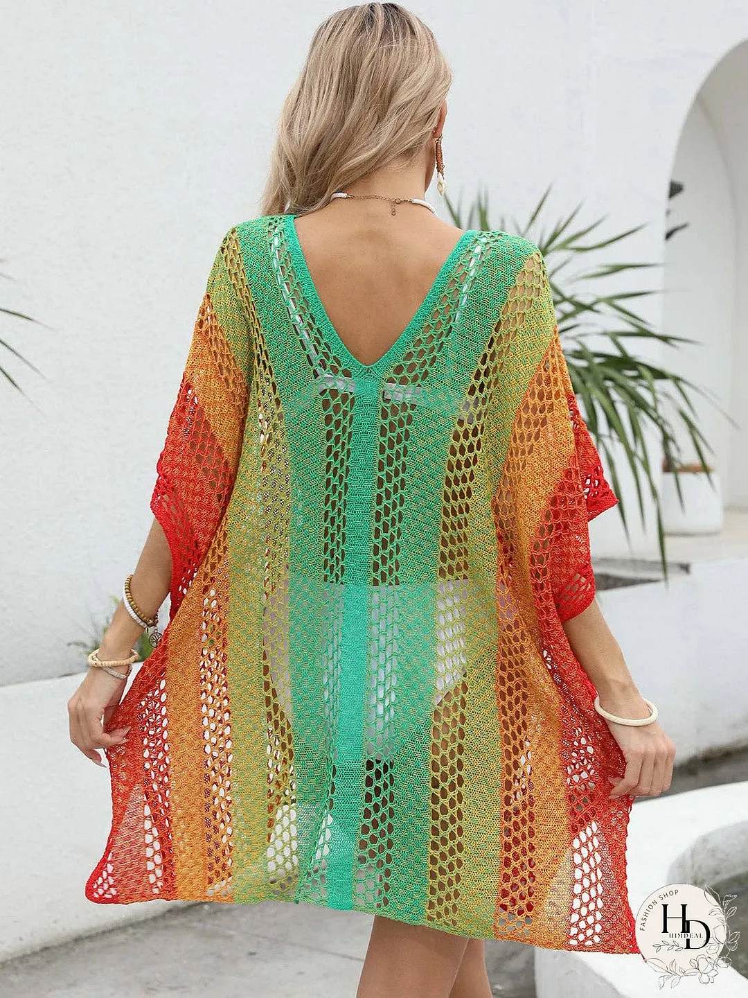 Openwork Contrast V-Neck Cover-Up