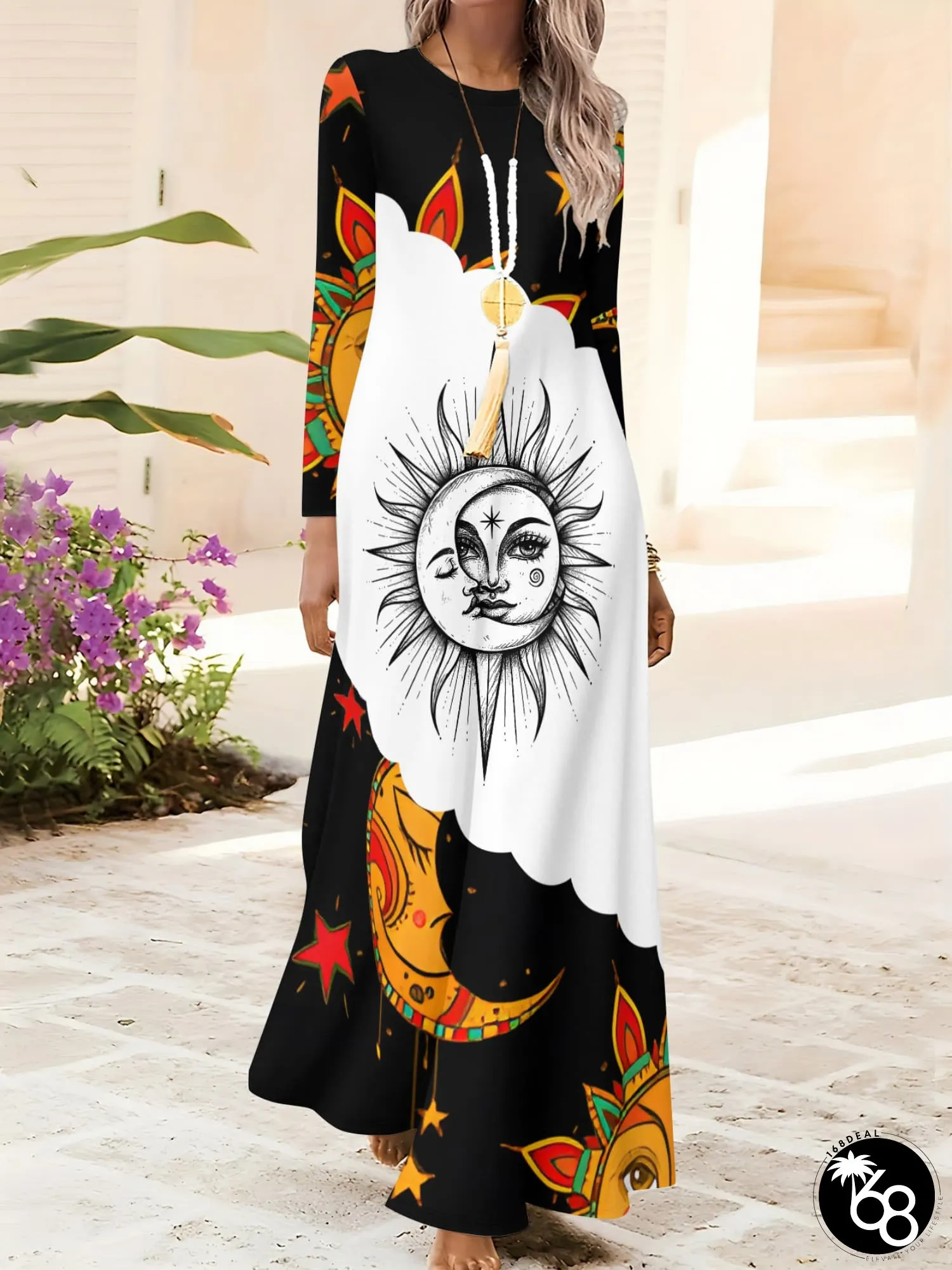 Womens Elegant Long Sleeve Maxi Dress Black Golden Star Moon Print-Line Full-Body | 168DEAL