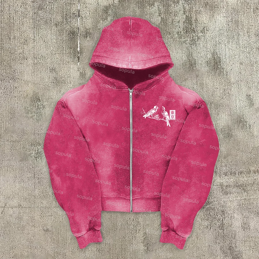 Vintage Tokyo Graphics Acid Washed Oversized Zip-up Hoodie