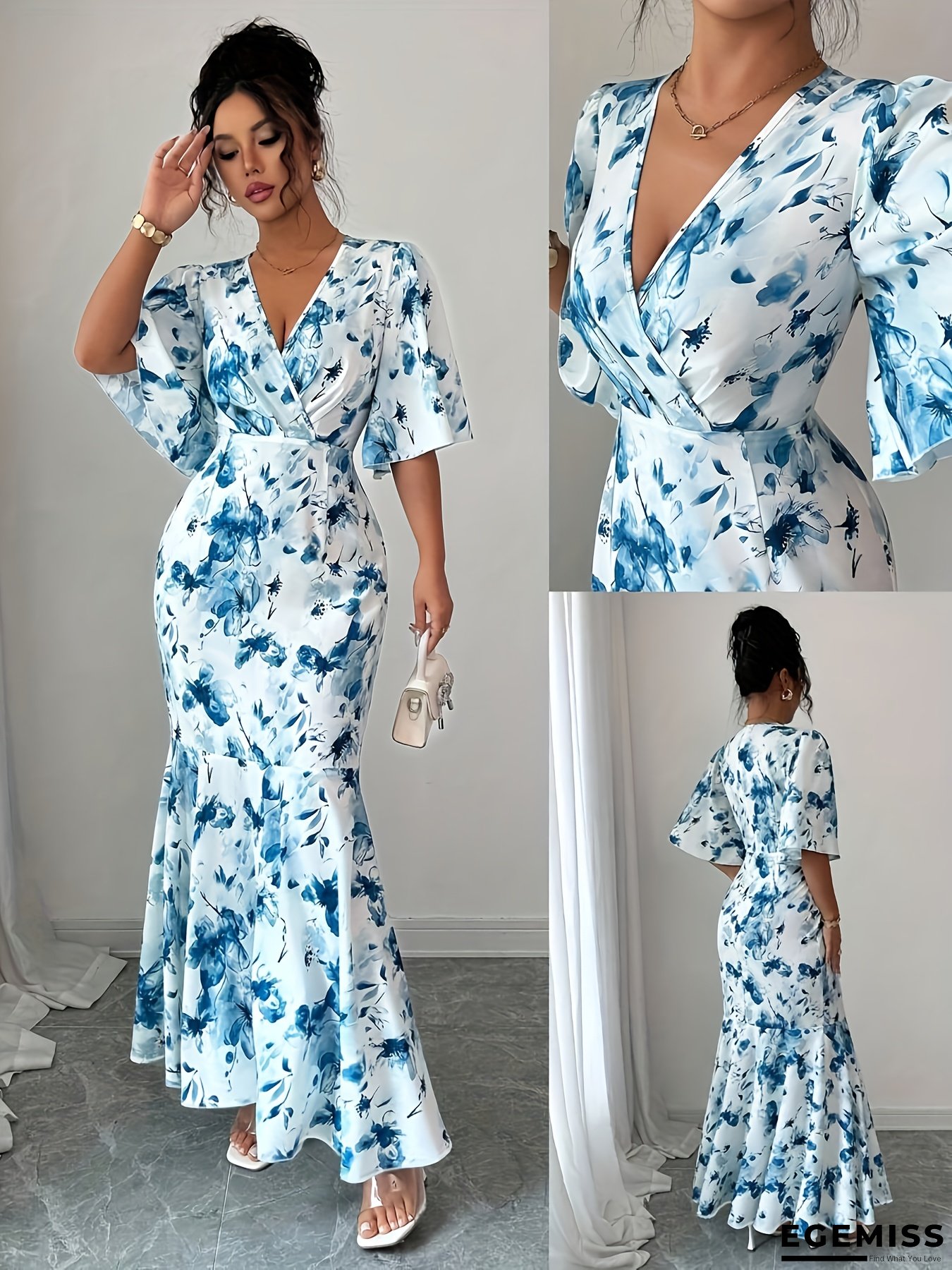 Women's Elegant Floral maxi Dress - Formal/semi-Formal Event Gown with Cross Neckline, Flowy Wedding Party Outfit in Blue Floral Print - Machine Washable Non-Stretch Fabric for Women | EGEMISS