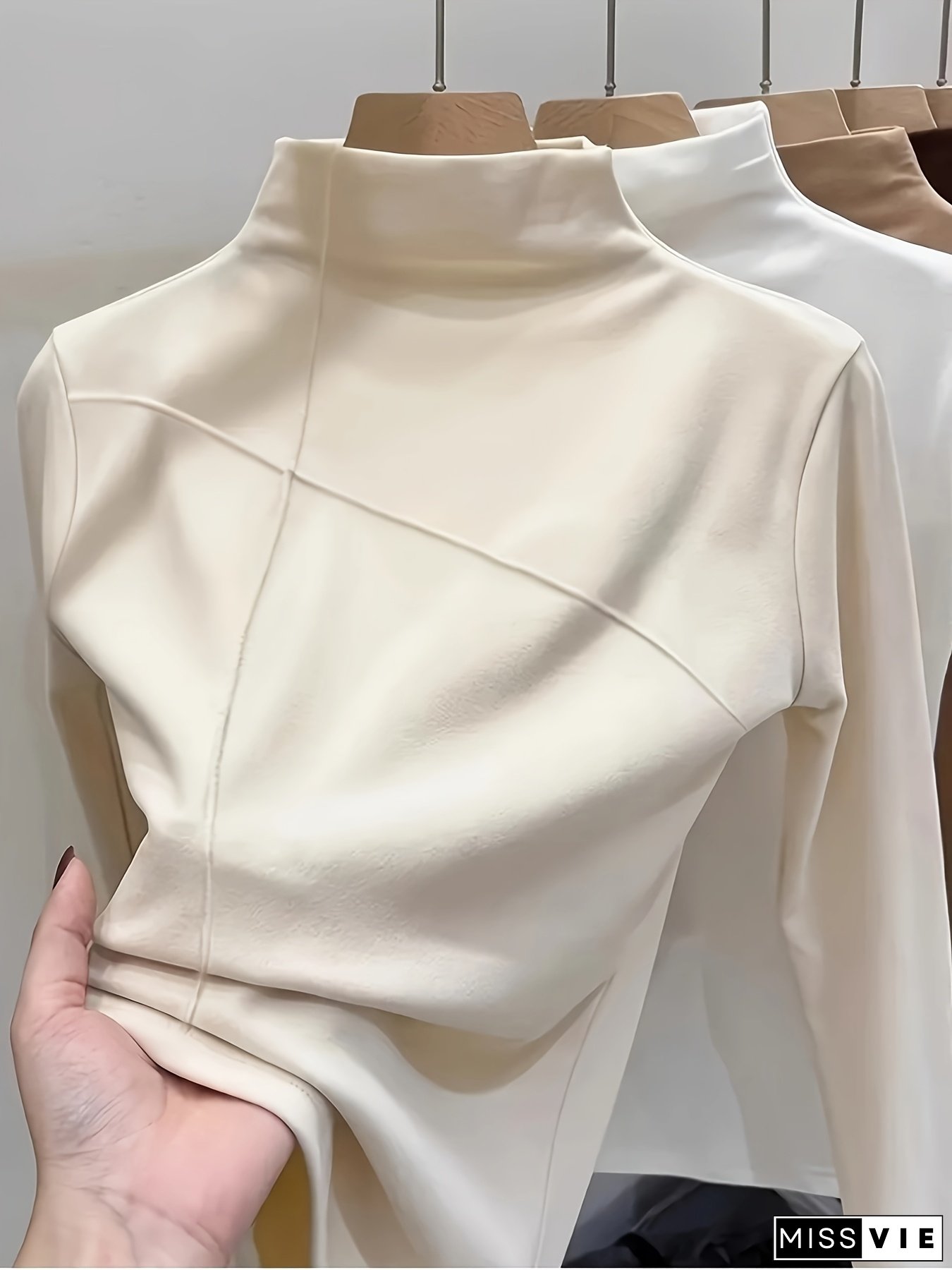 Women's Elegant Green Mock Neck Long Sleeve Top - Soft, Thick, Slim Fit, Double-Sided Brushed Polyester, Machine Washable, Ideal for Autumn & Winter