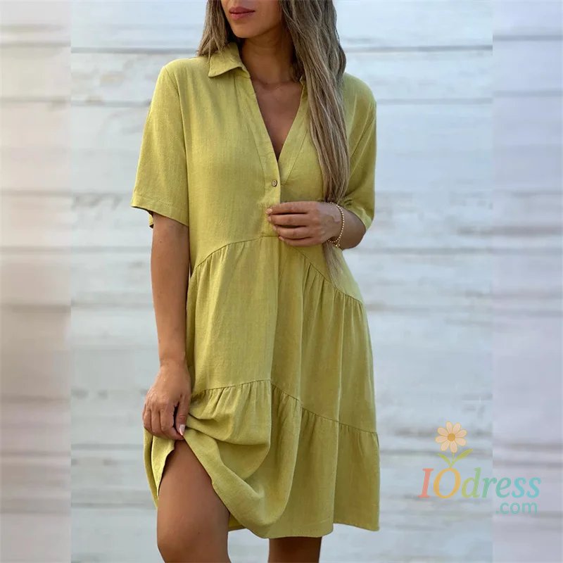 IO Dress 2024 Summer Solid Color Lapel Button Splicing Dresses Women Short Sleeve Dress Female Casual Commuter Cotton Linen Pleated Gown