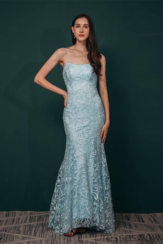 Dresseswow Dusty Blue Spaghetti-Straps Mermaid Evening Dress String Back With Appliques