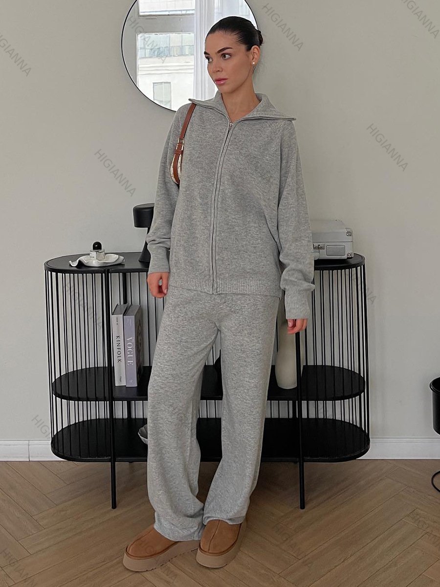 Zip Up Knit Top and Wide Leg Pants Set - HIGIANNA&reg;