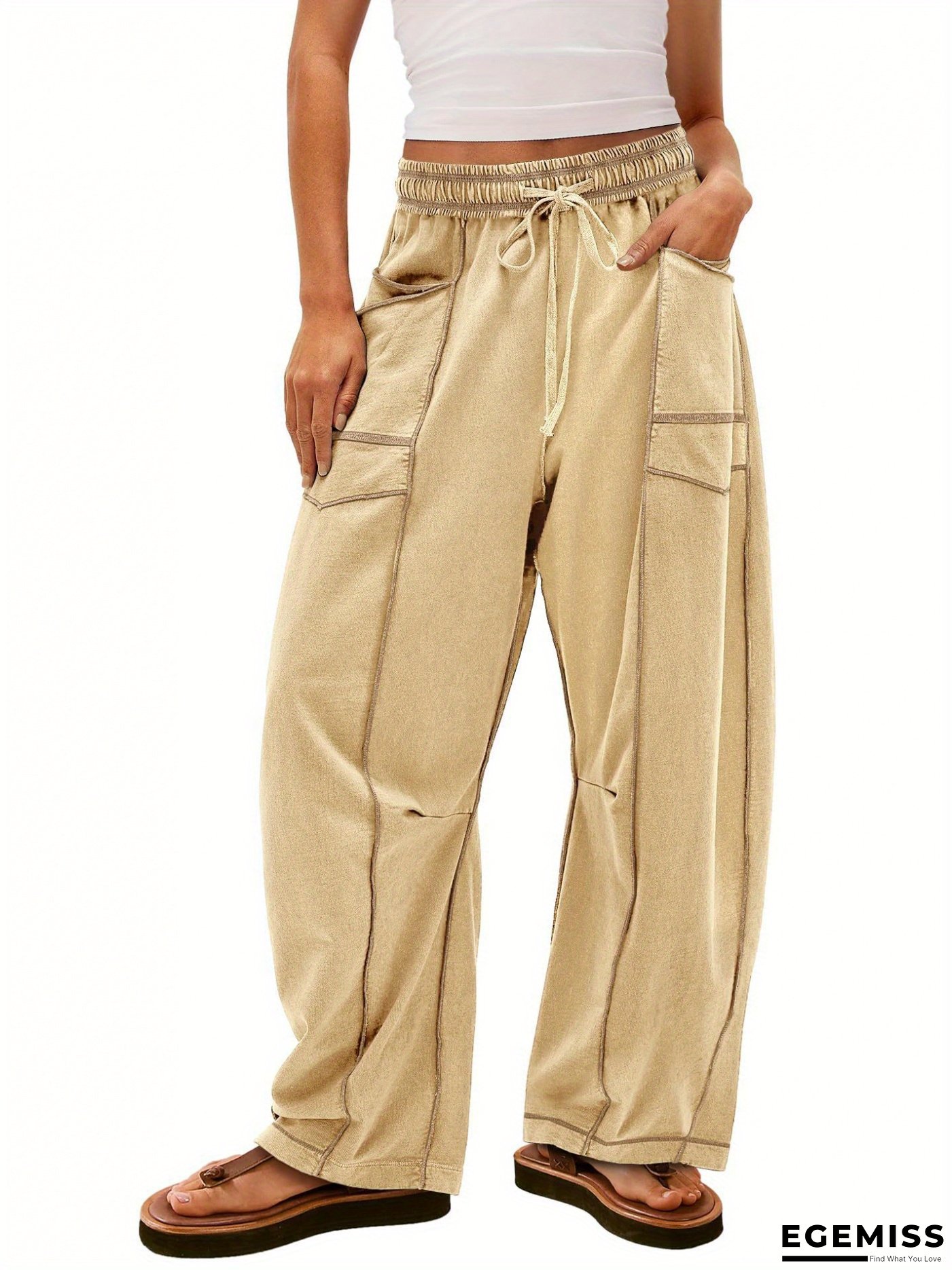 Women&lsquo;s New Style Plain-Color Pocket Casual Pants with Drawstring Elastic Waist Pants, Long Pants | EGEMISS