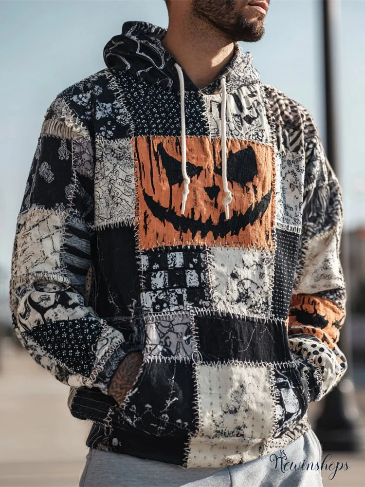 Halloween Pumpkin Emoji Stitching Irregular Patchwork Men's Hoodie