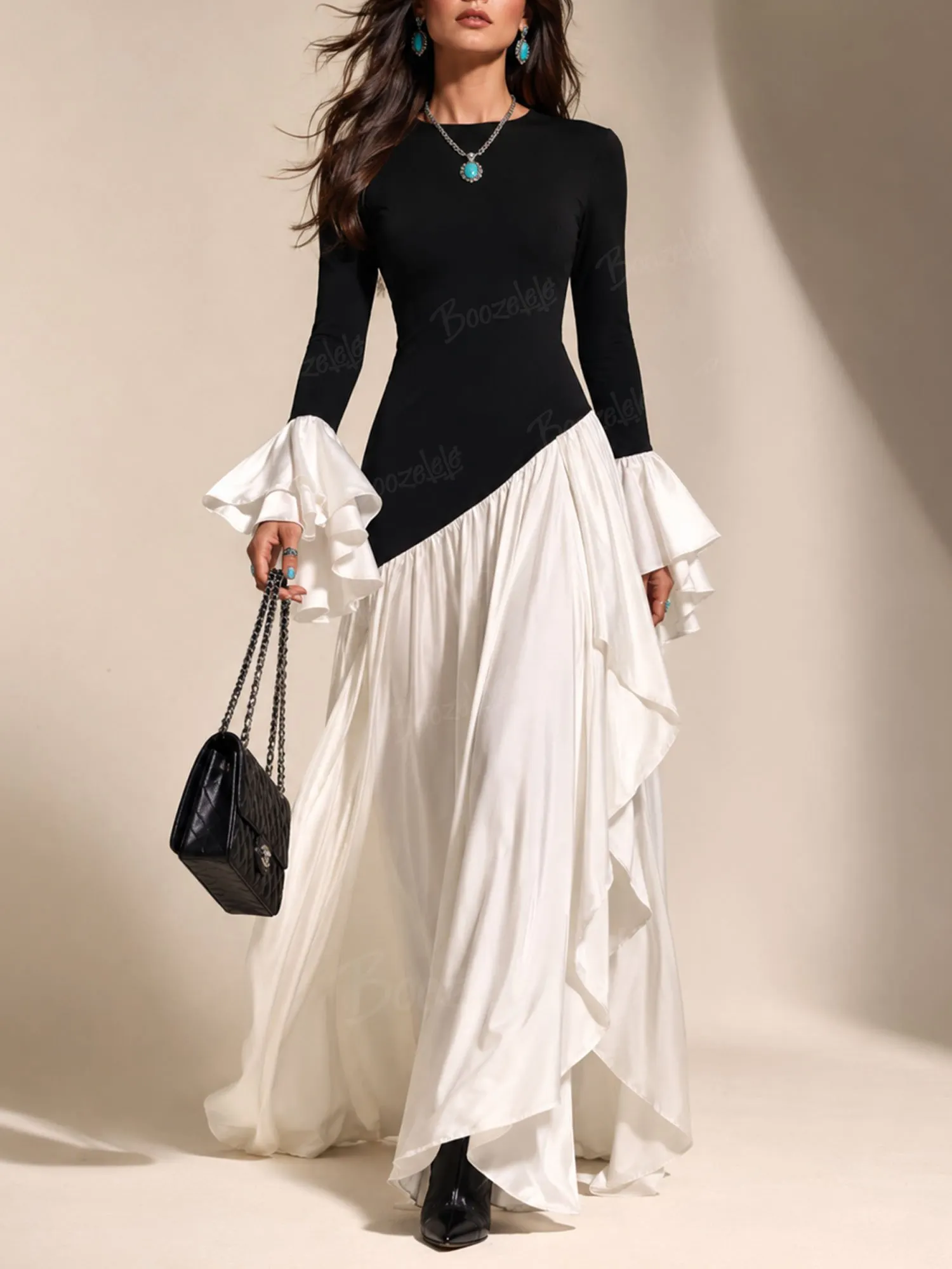 Perfect for Black-Tie Galas &mdash; 2026 S/W, Women&rsquo;s, Black and White, Asymmetrical Ruffle Hem Design, Premium Fitted Maxi Dress