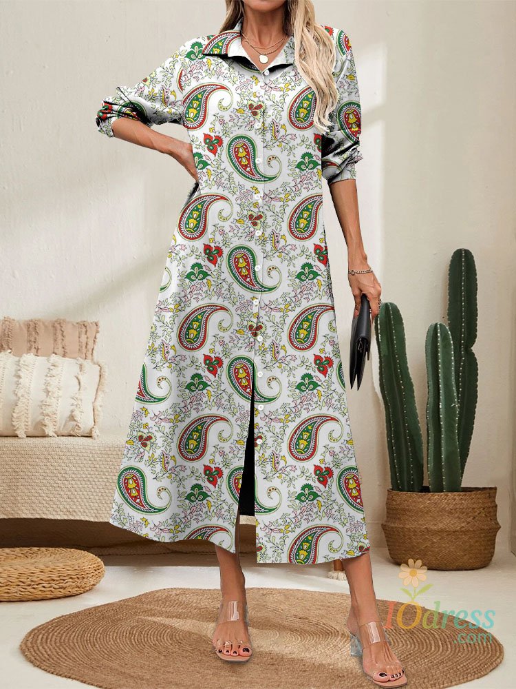IO Dress 2024 Fall Fashion Ethnic Peris Print Lapel Shirt Dress Outdoor Street Fashion With Pocket Maxi Dress Party Dinner Long Dress IO Dress