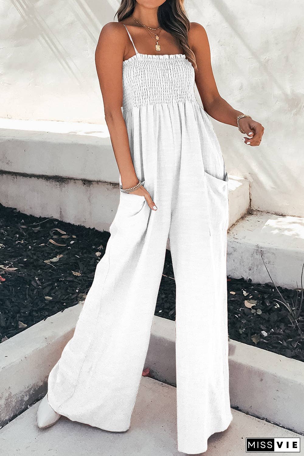 Smocked Spaghetti Strap Wide Leg Jumpsuit - Pocketed