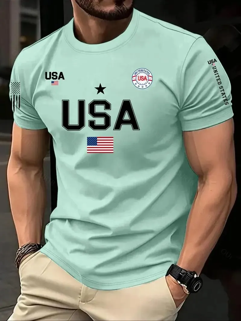 Men's USA Flag Print Round Neck Tee, Regular Fit Casual Short Sleeve Crew Neck T-Shirt for Summer, Fashion Men's Top for Daily Wear Men's USA Flag Print Round Neck Tee, Regular Fit Casual Short Sleeve Crew Neck T-Shirt for Summer, Fashion Men's Top for Daily Wear