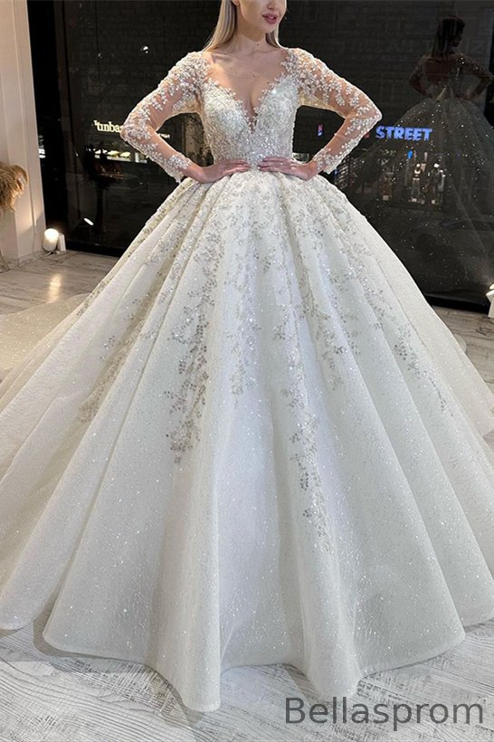 Bellasprom Long Sleeves Ball Gown Wedding Dress V-Neck With Appliques Sequins Bellasprom