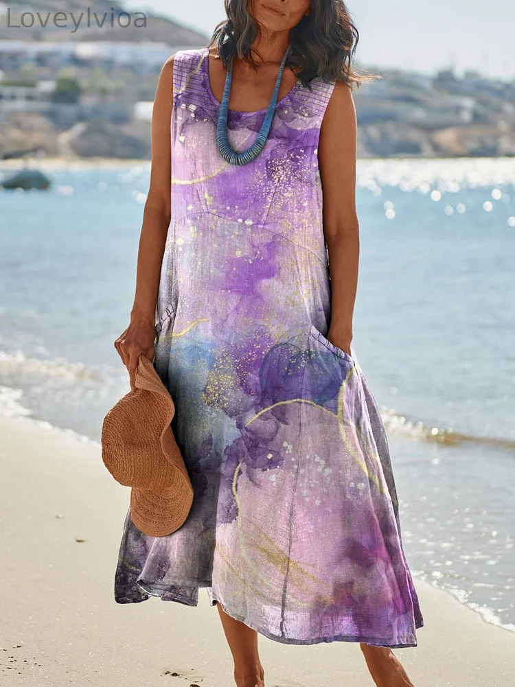 Womens Abstract Art Print Pocket Pinafore Linen Dress