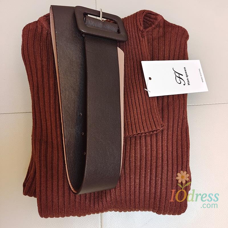 IO Dress H Han Queen Knitted Turtleneck Sweater Bodycon Dress Bottoming Women Soft Elastic Autumn Winter Midi Party Dresses With Belt