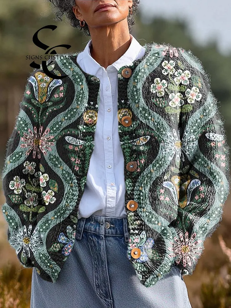 Vintage Striped Floral Totem Art Print Buttoned Cardigan Sweater