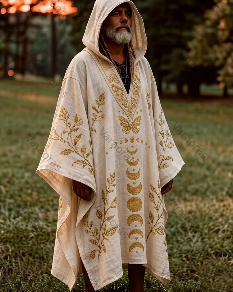 Men's Summer Fashion Hippie Star and Moon Embroidered Linen Hooded Kaftan 2367