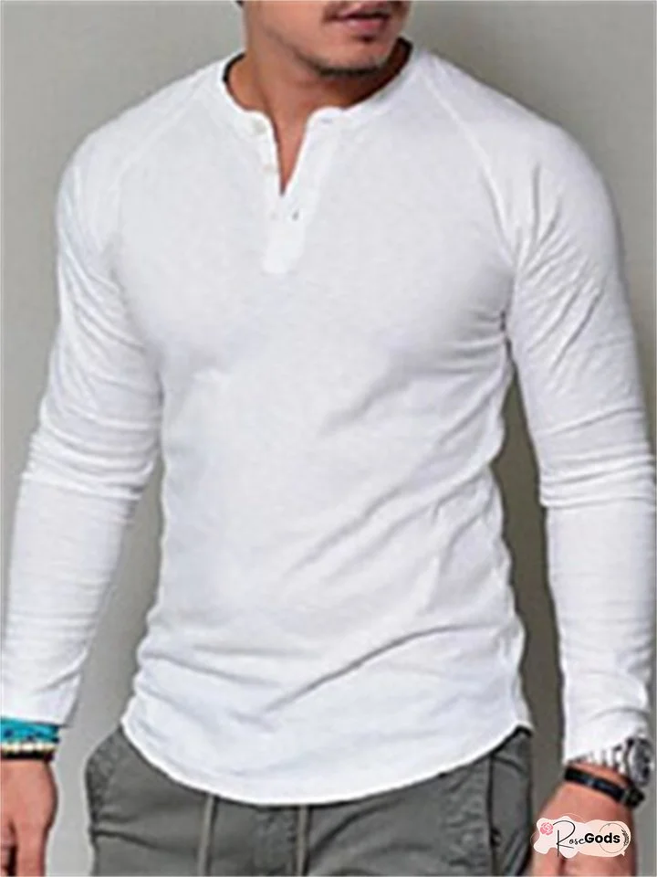 Men's Models Round Neck Cotton Solid Colour Buttons Long-sleeved T-shirt Casual Collarless Bottoming Shirt Tops