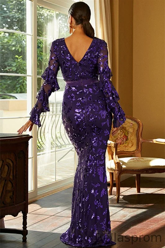 chinese dress ladies Shimmers Long Sleeve Mermaid V-Neck Sequins Appliques Prom Dresses main image 0