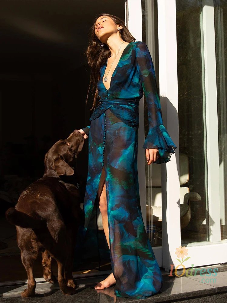 IO Dress Retro Blue Print Long Sleeve Sexy Deep V Neck Chiffon Slimming Beach Dress 2024 Summer Women High Split Party Maxi Dresses A2833 IO Dress