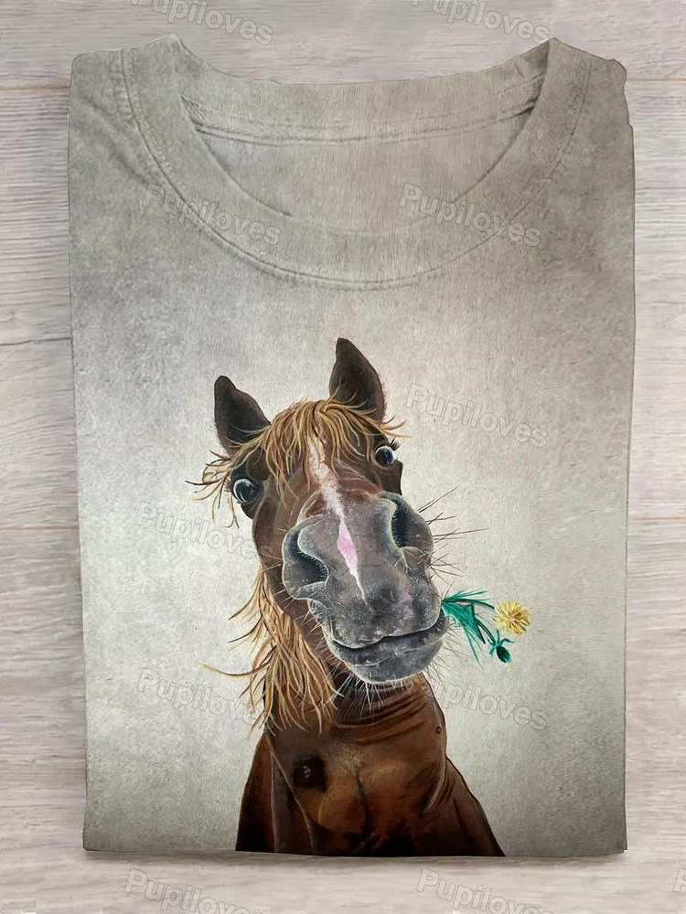 Pupiloves Pupiloves  Horse Holding Flowers in Mouth T-shirt