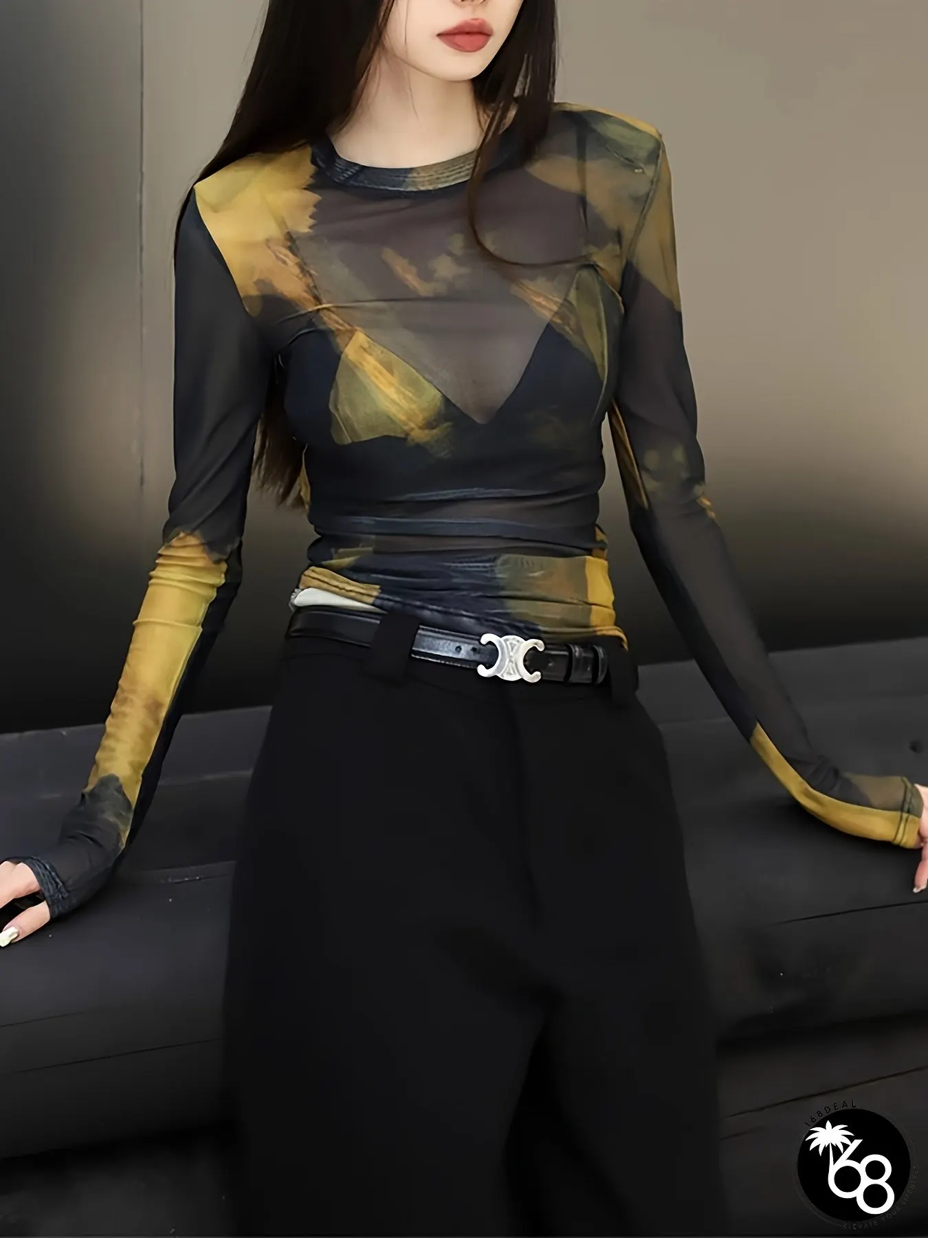 Womens Sexy Sheer Mesh Long Sleeve T-Shirt All-Over Abstract Print Soft Breathable Fabric | 168DEAL