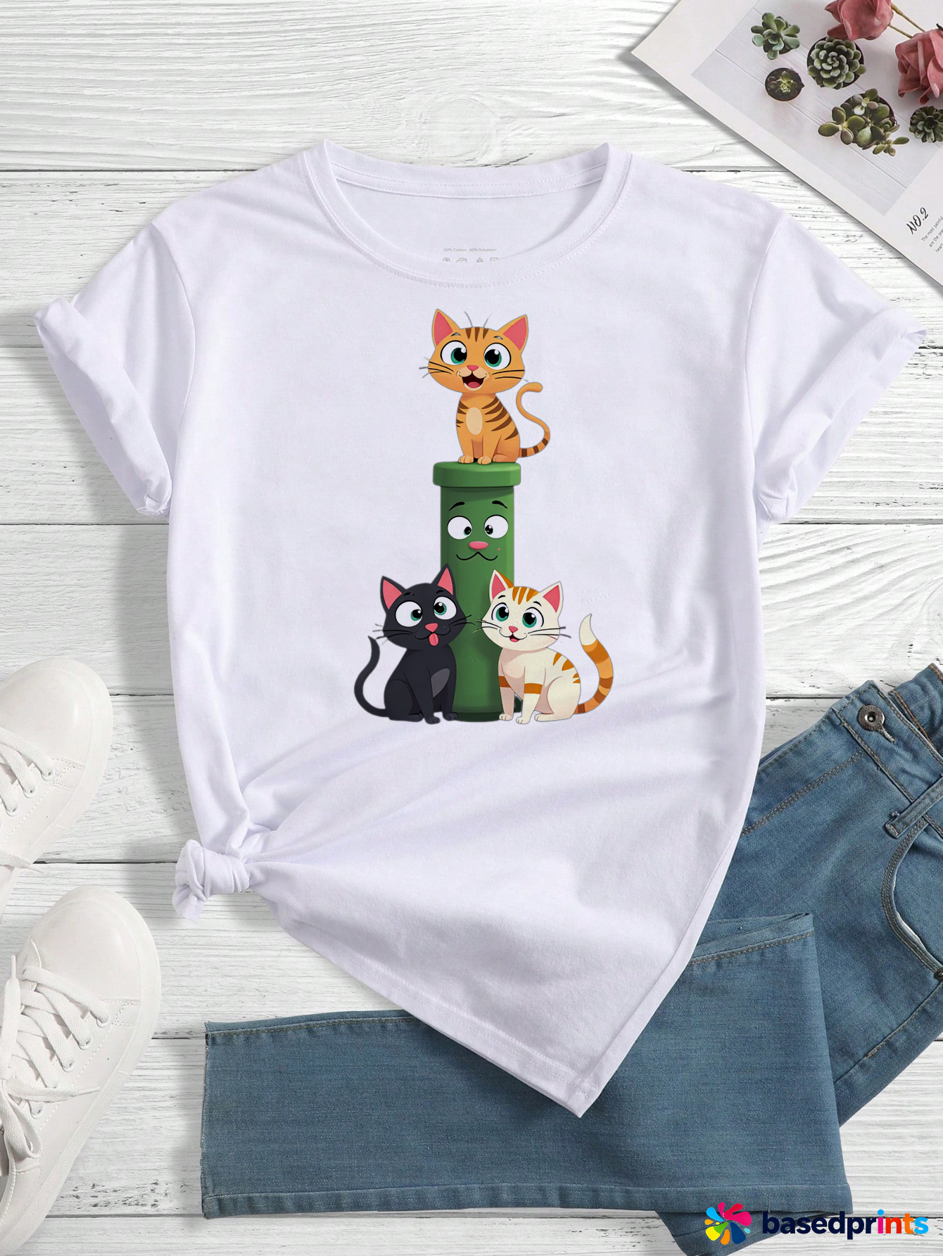 Cat Cartoon T-Shirt Women Summer Short Sleeve Casual Tops