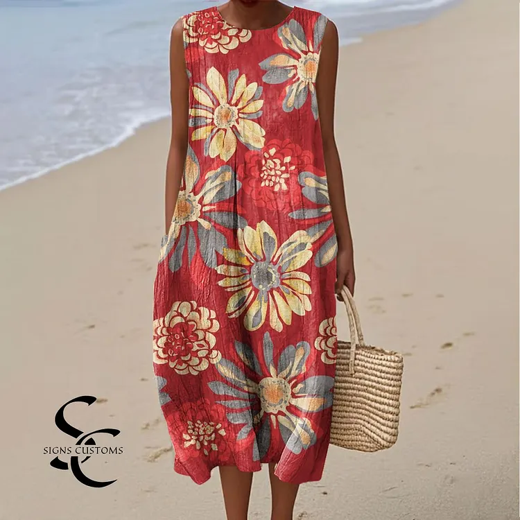 Women's Vintage Floral Art Print Sleeveless Cotton Pocket Wrap Dress