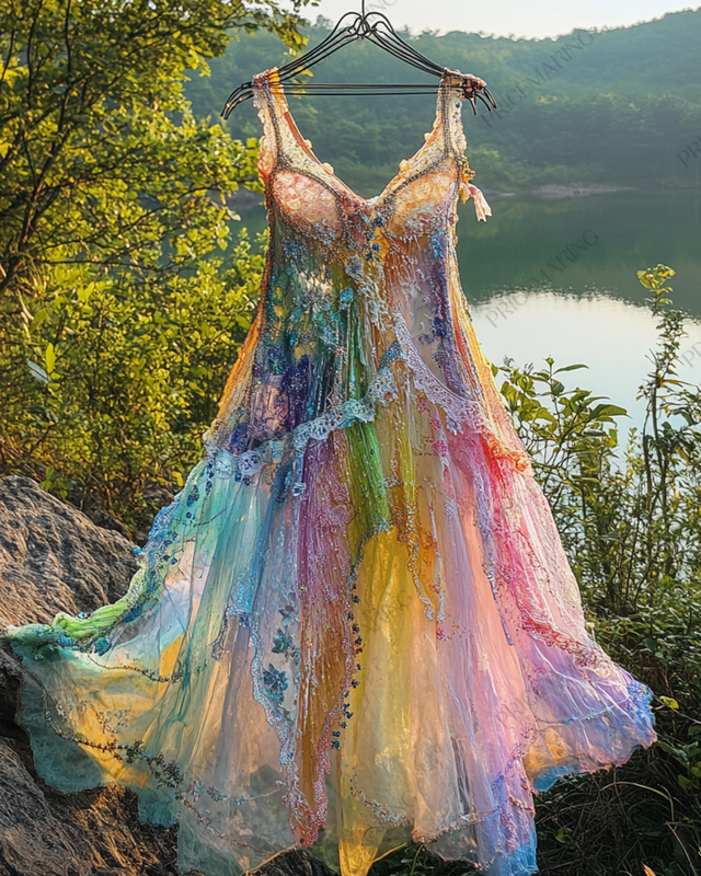 Summer Irregular Lace Patchwork BeadedRuffle Dress 30b5