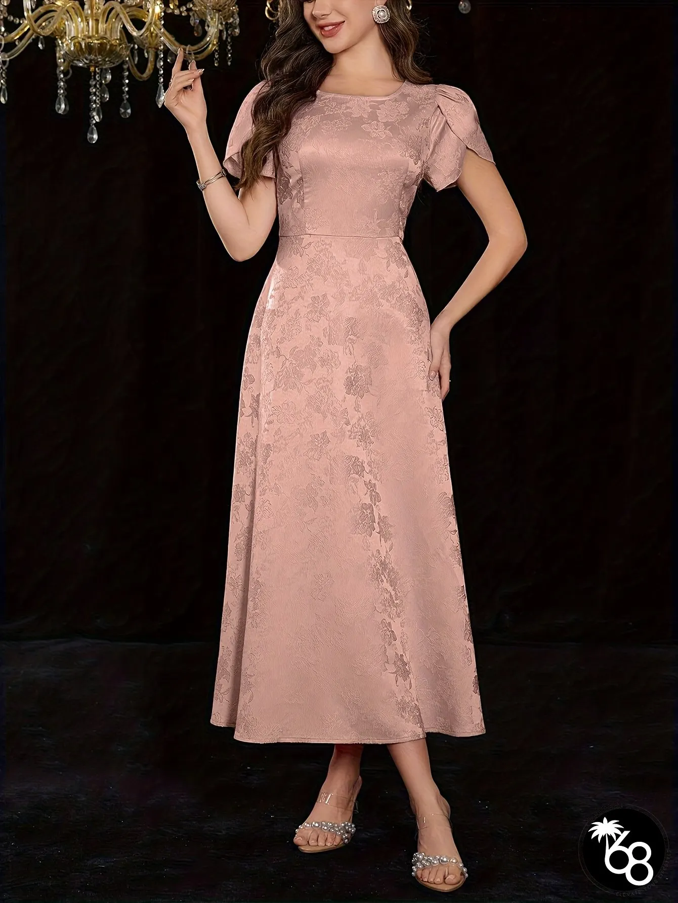 Long elegant Middle Eastern-inspired shell sleeve dress square neck cinched waist machine | 168DEAL