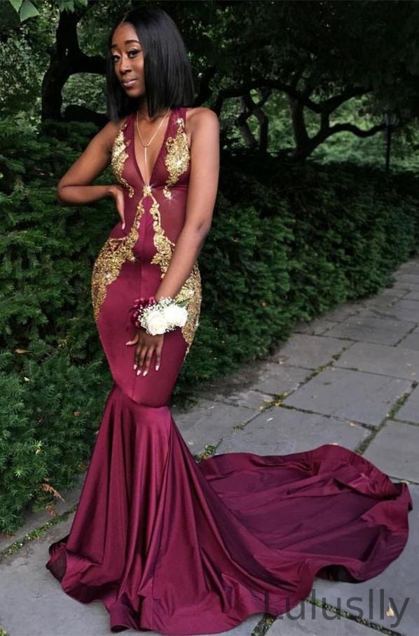 Luluslly Burgundy V-Neck Sleeveless Mermaid Evening Prom Dress With Appliques