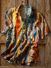 Unisex Vintage Oil Painting Pattern Printed Cotton Lapel Long Sleeve Pocket Shirt
