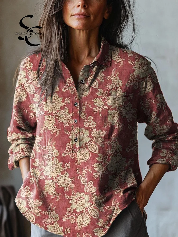 Women's Vintage Lovely Floral Art Print Casual Cotton And Linen Shirt