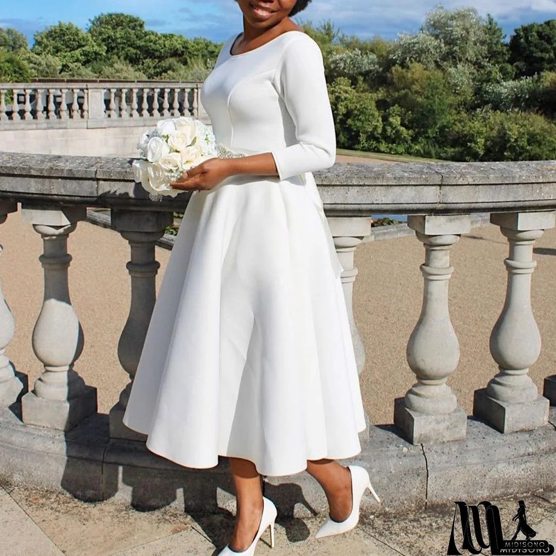 Elegant French-Inspired Midi Dress With Ruffled Hem - Light Green, Long Sleeves, Round Neck, Cinched Waist, Perfect For Spring & Fall, Casual Elegance|Ruffled Hem Dress|Cinched Waist Design