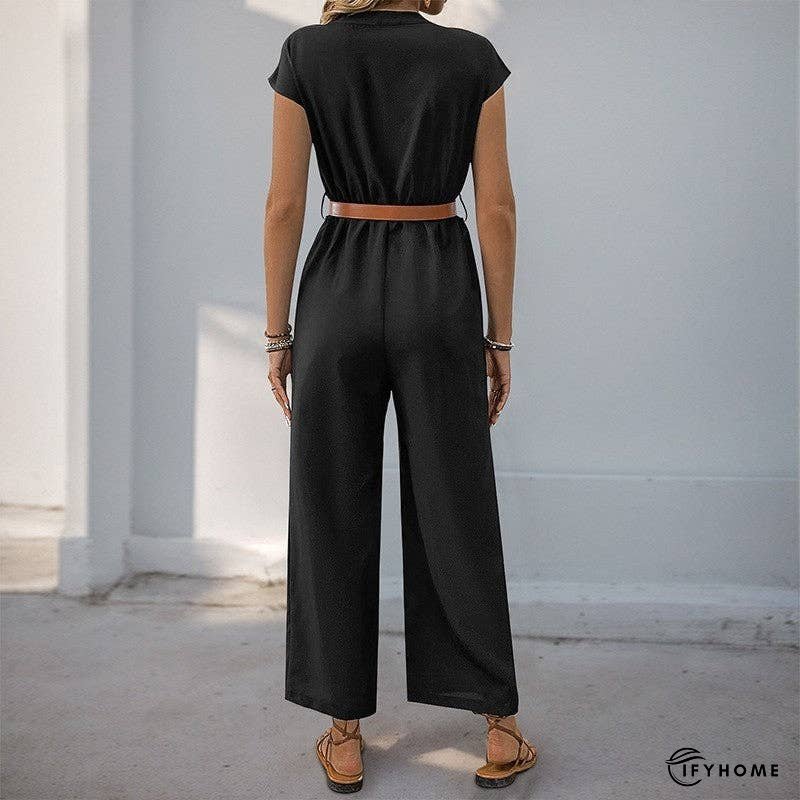 Solid Color Short Sleeve Stand Collar Jumpsuit | IFYHOME
