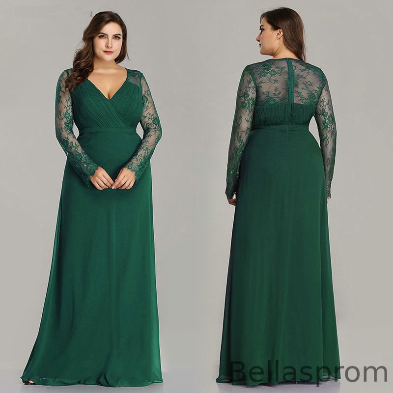 Bellasprom Plus Size Lace V-Neck Evening Dress Online Long Sleeve Dark Green-US4