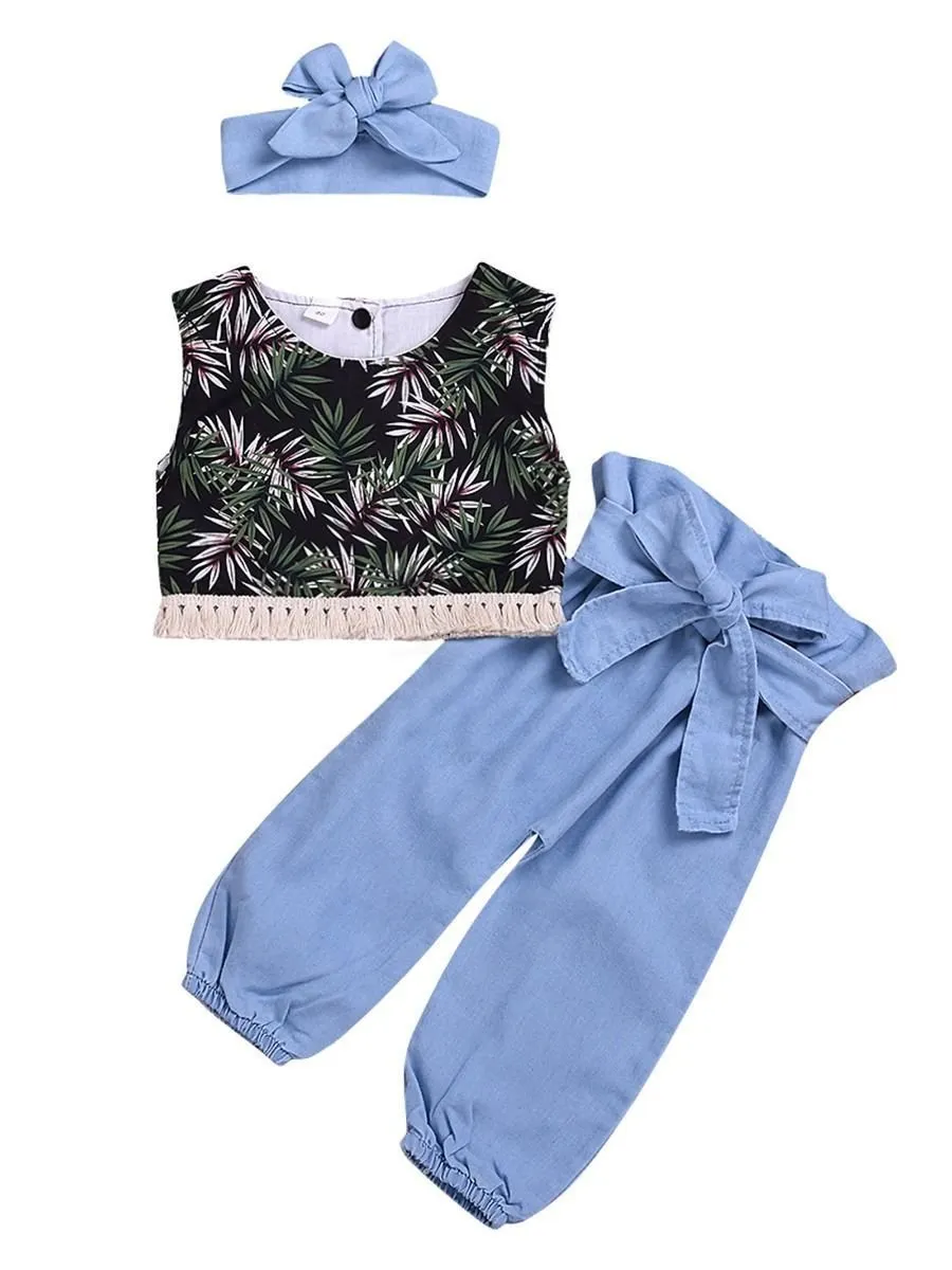 3-Piece Baby Toddler Girl Clothes Outfit Leaf Tassel Trimmed Crop Top+Bow Blue Trousers+Headband 深圳市跳跳蛙童装商行 ARY