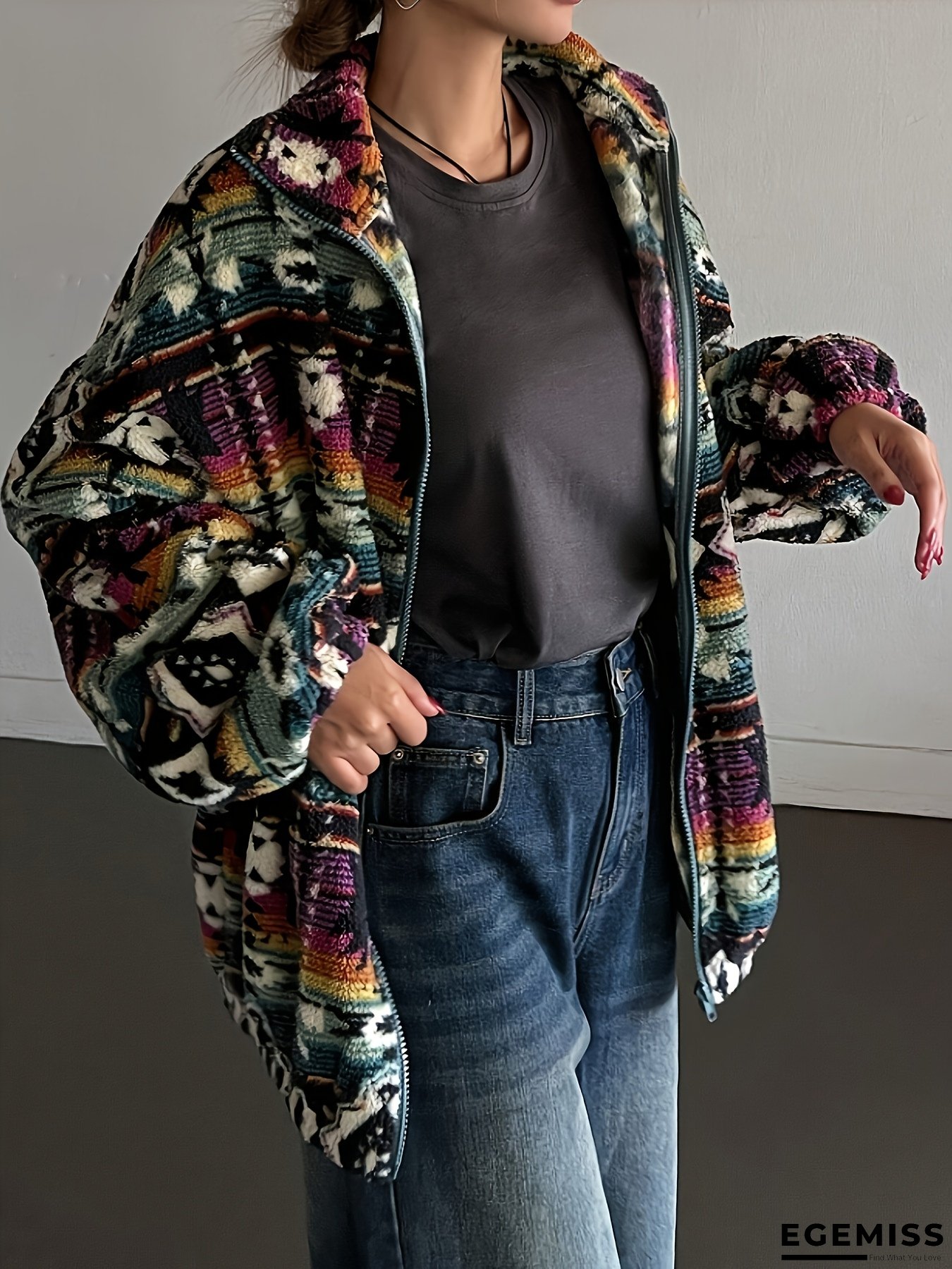 Women's Plush Jacket - Soft Warm Coat with Zipper Closure, Stand Collar Long Sleeve Casual Outerwear in Purple/Blue/Pink/Orange/Black/White/Gray/ - All-Season Everyday & Party Outfits, Street Style, Retro Geometric Pattern, Cozy Fabric, Stylish Outerwear | EGEMISS