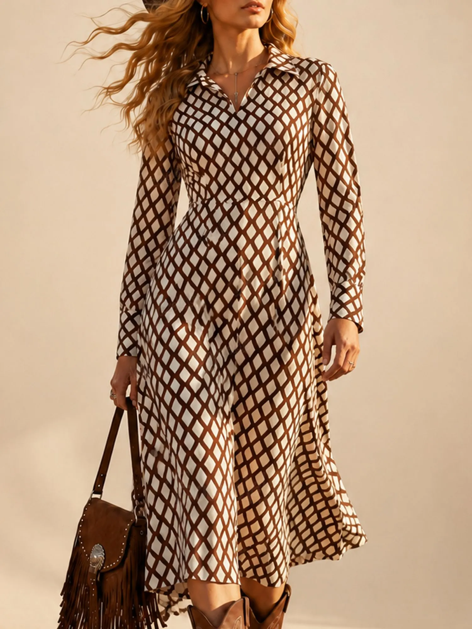 Retro Street Photography & Autumn Vacation - Modern Geometric Diamond Print Overlap V-Neck Fluid High-Stretch Fabric Women's Boho Long Sleeve Maxi Shirt Dress（Belt not included）
