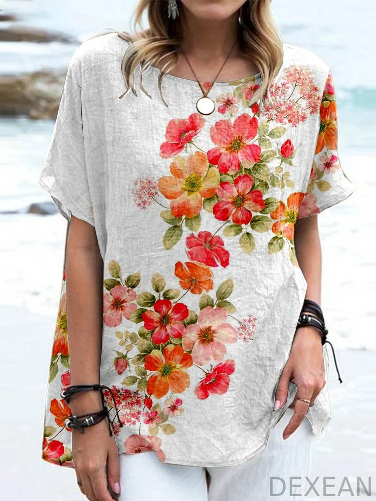 Women's Elegant Lucky Floral Print Cotton and Linen Top